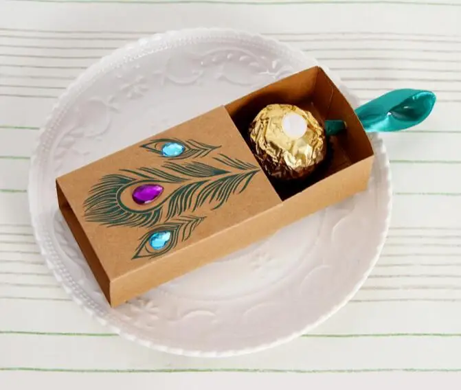 Коробки для конфет с павлиньими перьями 100 шт. дизайн ящика свадебные сувениры