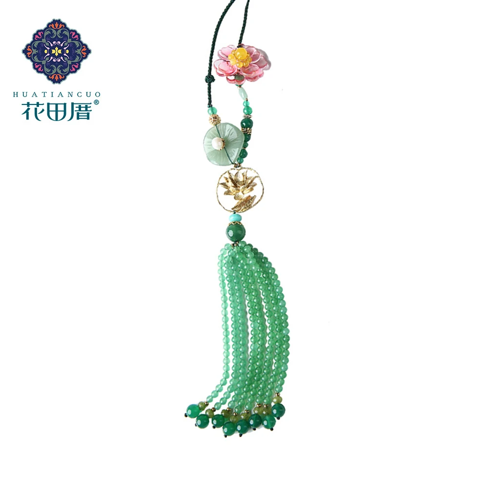 

Ethnic Pendant Necklace Tassel Green Stone Petal J ade Simulated Pearl Colored Glass Flower Woman Female Accessories CL-190101