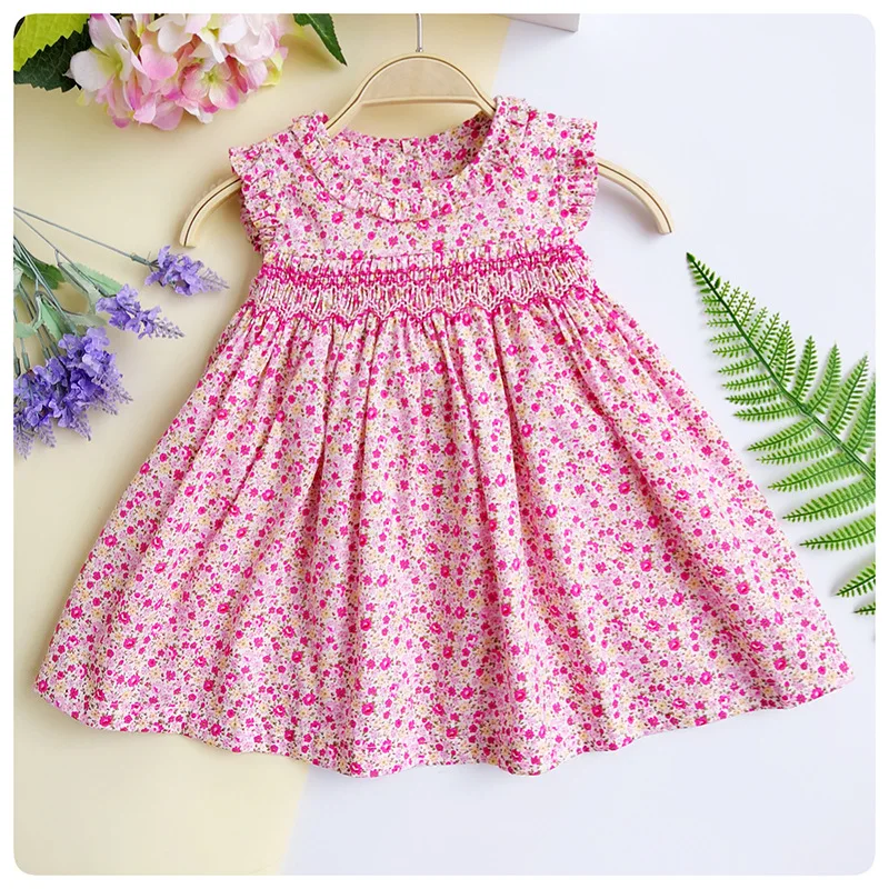 New Summer Kids Floral Printed Sleeveless England Handmade Smock Belt Bowknot Lace Little Girls 9M-36M Princess Vest Dresses | Детская