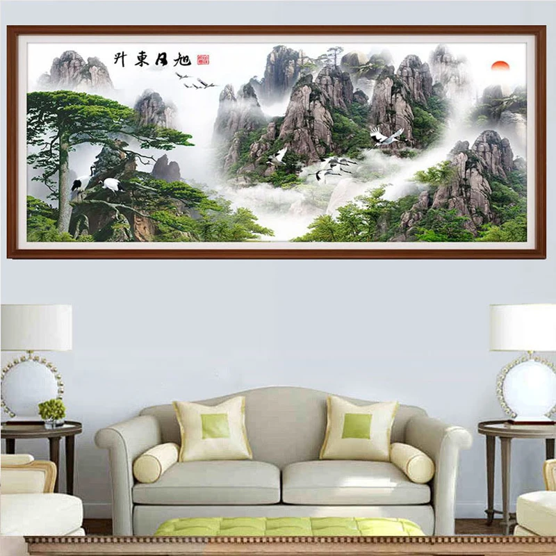 QIANZEHUI алмазная вышивка круглые алмазы восходящие солнце приветливые сосны