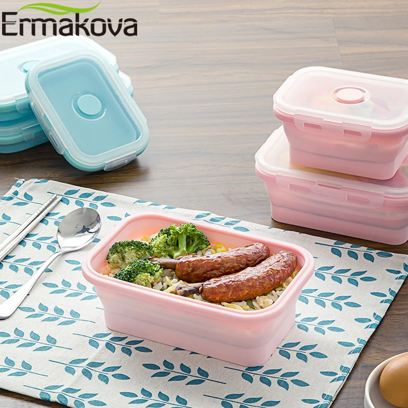 ERMAKOVA силиконовый термостойкий складной контейнер для хранения продуктов, складной Ланч-бокс с герметичной пластиковой крышкой