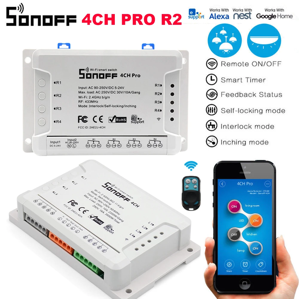 Домашней автоматизации Sonoff 4CH Pro R2 4-канальный Интеллектуальный переключатель Wi-Fi 433 МГц RF пульт дистанционного управления Wifi освещение переключатель для Alexa Google Homekit