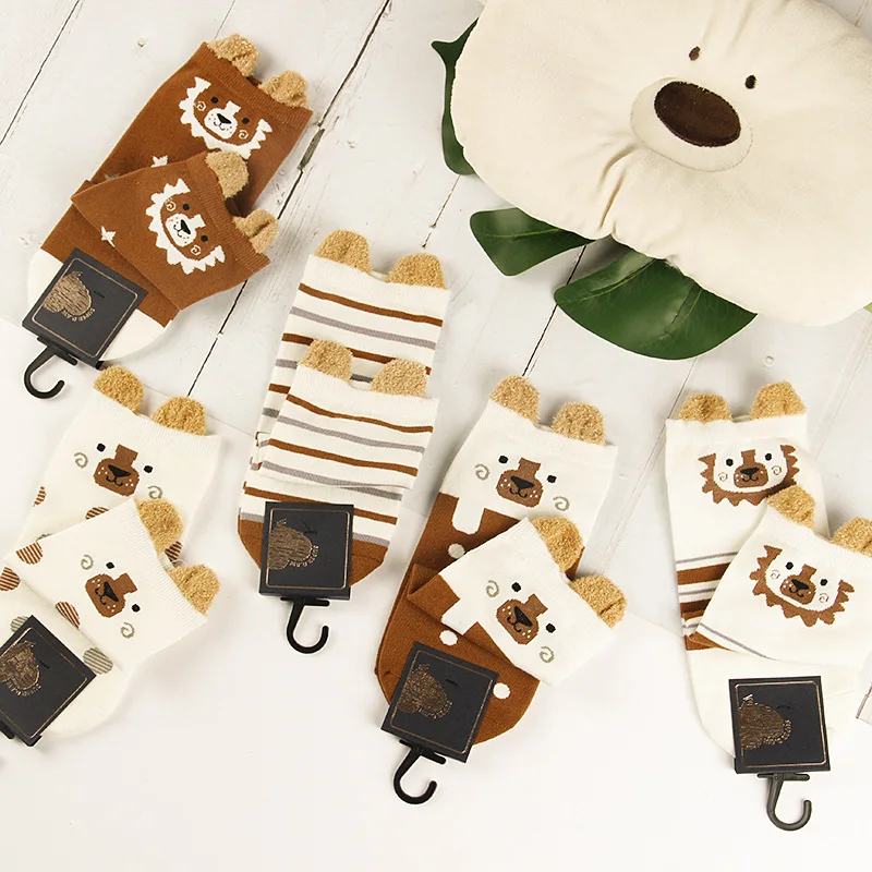 5 Pairs/Lot Women Cute Kawaii Short Socks Cartoon Animals Ears Funny Pattern Jingle Cat Bear Sheep Cotton Ankle Student Socks - Цвет: 5 Piars Lion Style