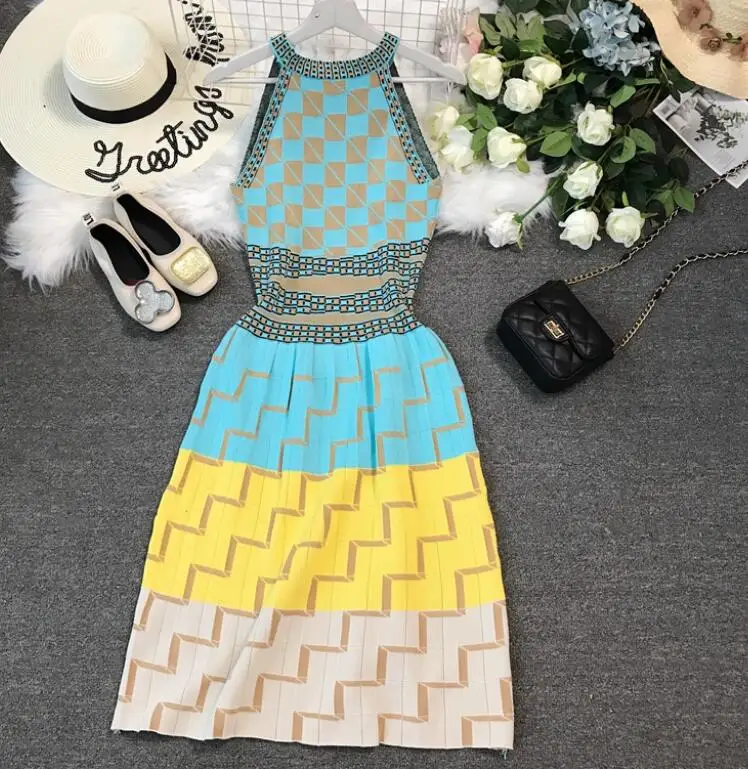 

Women's spring summer halter neck geometric knitted slim casual dress female fashion elastic sleeveless chic tank dress TB120