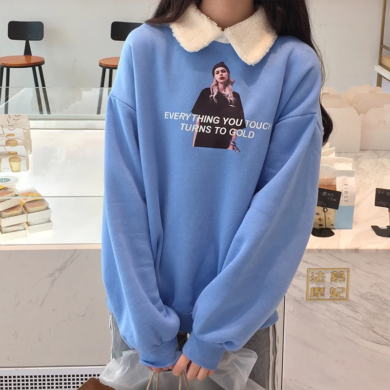 Толстовки женские толстые плюс бархатные теплые Kawaii Мягкие Универсальные пуловеры с принтом женские s Ulzzang корейский стиль Милая шикарная одежда