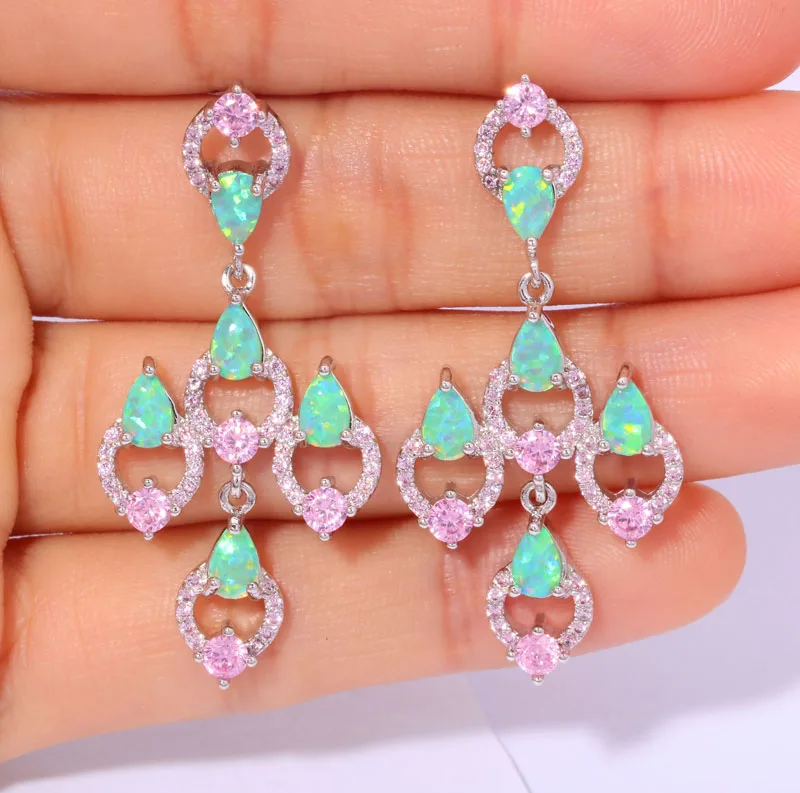 Серьги пусеты CiNily Created серьги с зеленым огненным опалом розовым цирконием и
