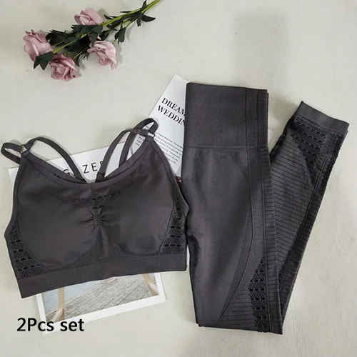 Coffee 2Pcs Set Женский комплект для йоги, спортивный костюм, одежда для фитнеса, энергетические бесшовные леггинсы с высокой талией+ спортивный бюстгальтер, спортивные костюмы для тренировок, женская спортивная одежда - Цвет: Coffee 2Pcs Set