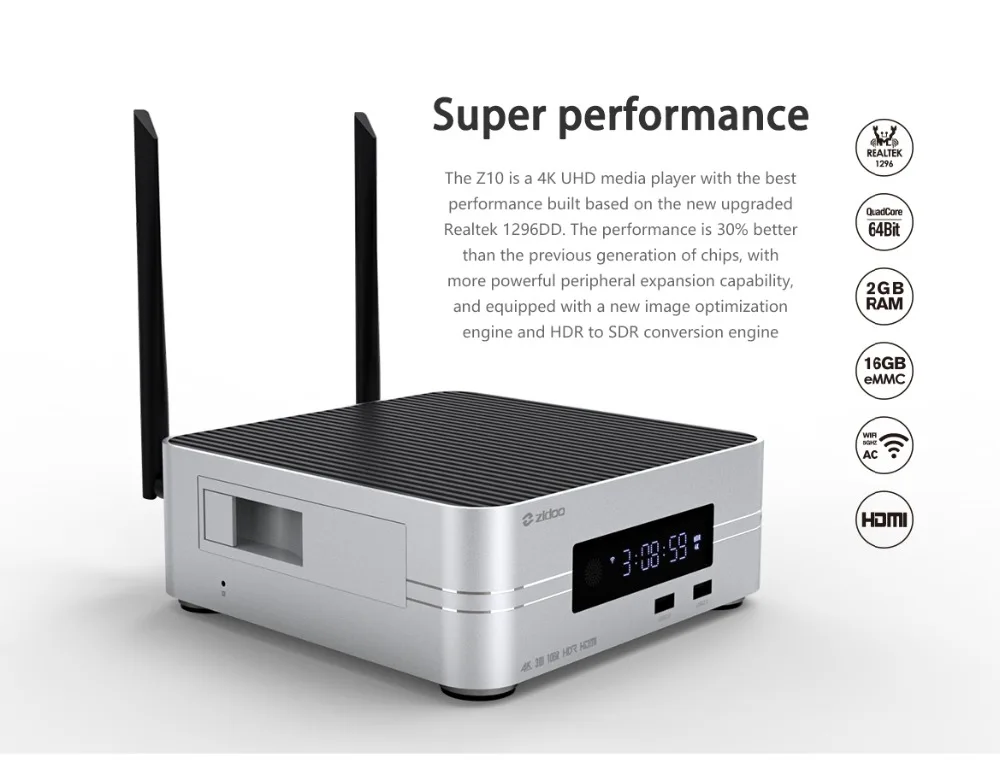 Zidoo Z10 4K HDD медиаплеер до 10 ТБ 2G DDR 16G eMMC Smart tv телеприставка 10 бит UHD автоматическое переключение кадров SDR в HDR