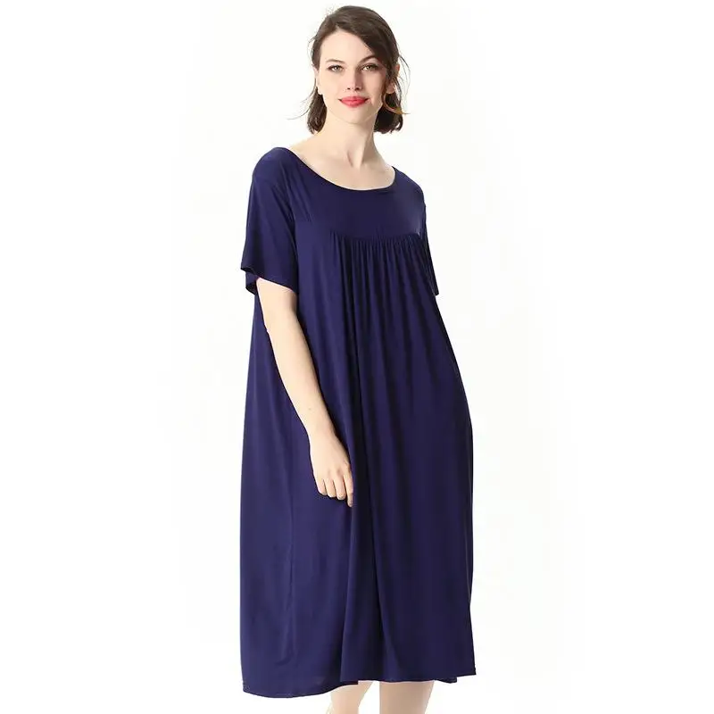 Navy Blue Летняя свободная ночная рубашка, Женская Хлопковая пижама размера плюс 3XL-7XL, длинная ночная рубашка, Повседневная Ночная рубашка с коротким рукавом, домашняя одежда - Цвет: Navy Blue