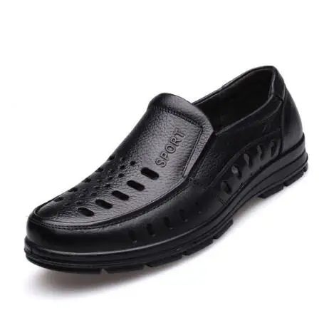 slip on black Мужские сандалии; Новинка; Летняя обувь из натуральной кожи вентиляции Для Мужчин's Деловые повседневные туфли мужские брендовые сандалии черные коричневые M403 - Цвет: slip on black