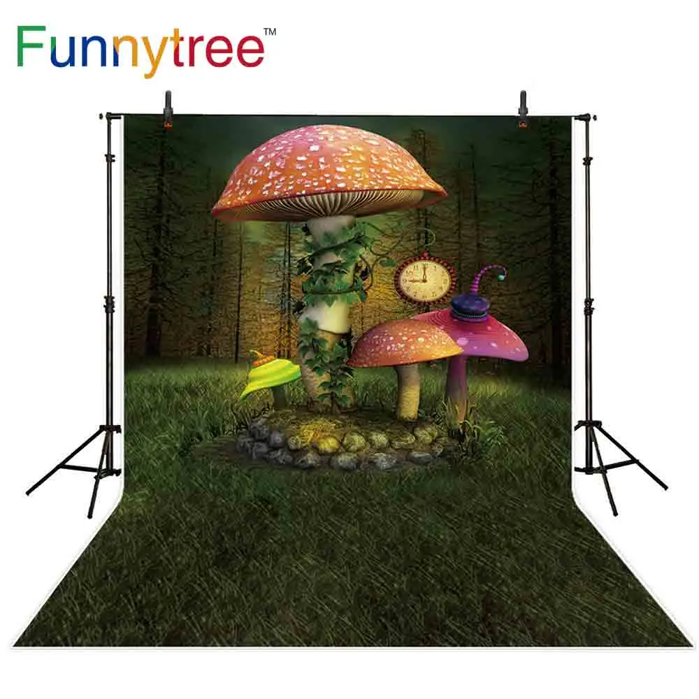 

Funnytree backdrop for photographic studio mushroom forest grass clock stones fariy tale for children background photobooth