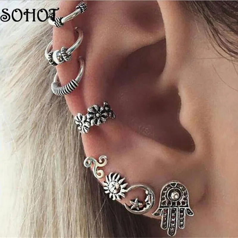 Женские серьги-клипсы SOHOT 8 шт. тибетский серебристый цвет набор из сережек Sun Moon