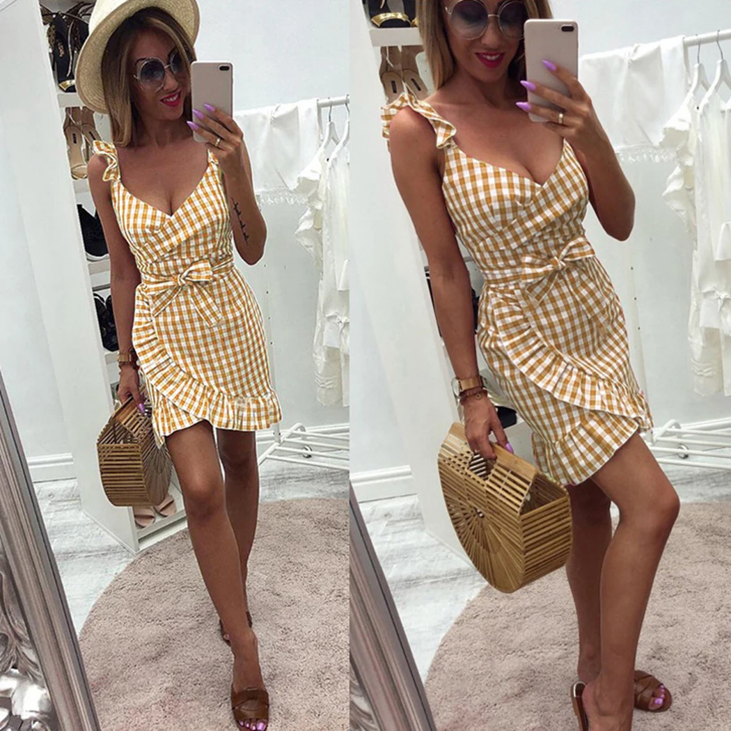 Сексуальное женское клетчатое платье с открытой спиной летнее v-образным вырезом
