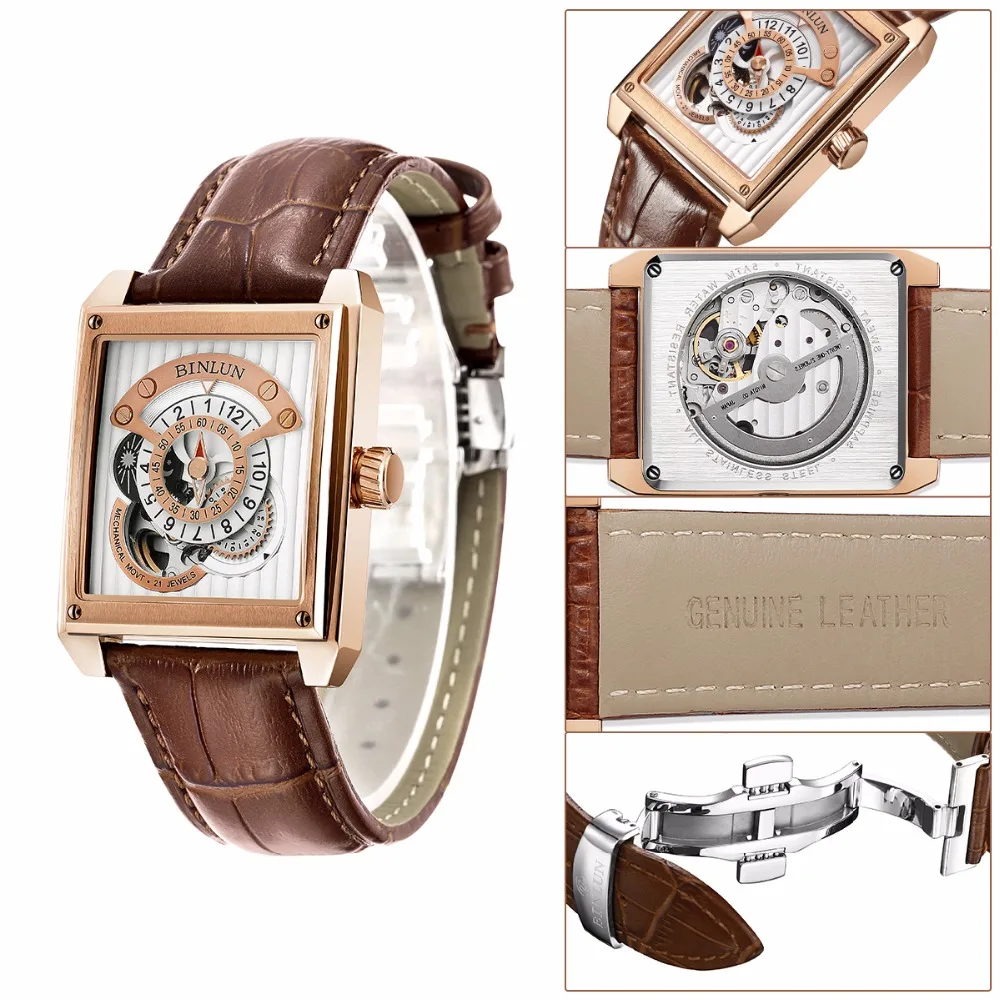 BINLUN классические мужские прямоугольные механические часы Роскошные из