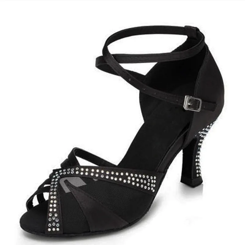 WUXIJIAO/черные, оранжевые и красные атласные Стразы для сальсы, танго, бальных танцев; обувь для латинских танцев и танцевальная обувь - Цвет: black heel 6cm