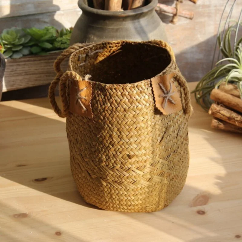 

Foldable Storage Basket Hanging Decorative Baskets Garden Flower Pot Rattan Planter Seagrass Laundry Basket