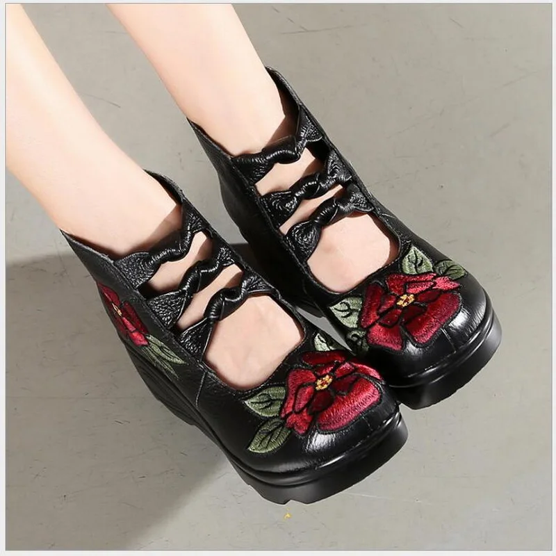 2021 New Arrival Women Genuine Leather Women Flats Platform Shoes Ethnic Style Embroidery With Zip Casual Ladies Loafers Shoes