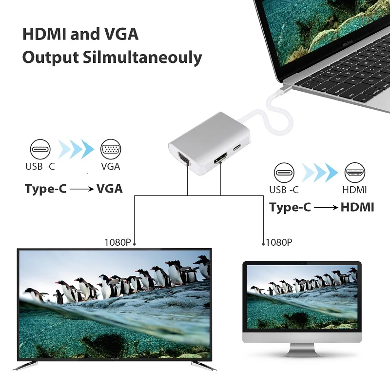 JZYuan USB C type 3 1 концентратор HDMI 4 K 30Hz VGA 1080 P 60Hz сплиттер адаптер с зарядка PD для