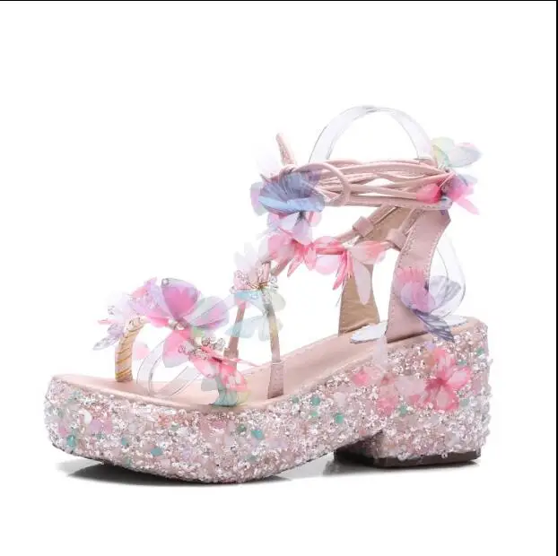 Новый стиль женщины толстый каблук туфли с открытым носком сандалии кристалл и