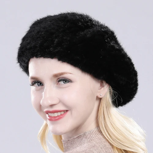 black Новая модная зимняя женская шапка из натурального меха норки, настоящие шапочки с мехом норки, теплая мягкая вязаная шапка ручной работы, настоящая норковая шапка - Цвет: black