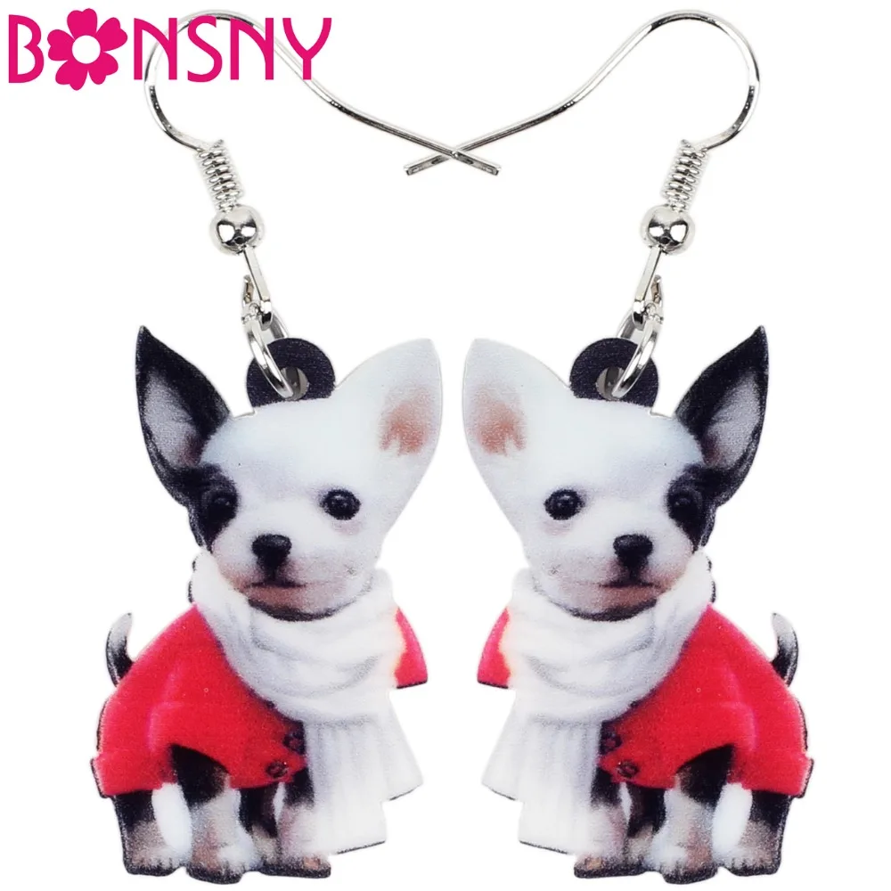 

Bonsny Drop Acrylic Scarf Chihuahua Dog Earring Big Long Dangle Animal Jewelry For Girl Women Lady Cartoon Accessories Statement