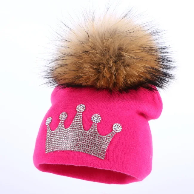fuchsia hat Повседневная зимняя шапка для малышей от 0 до 3 лет, Детские шапочки короны из настоящей норки с помпоном, милые Плотные хлопковые теплые шапки skullies для мальчиков и девочек - Цвет: fuchsia hat
