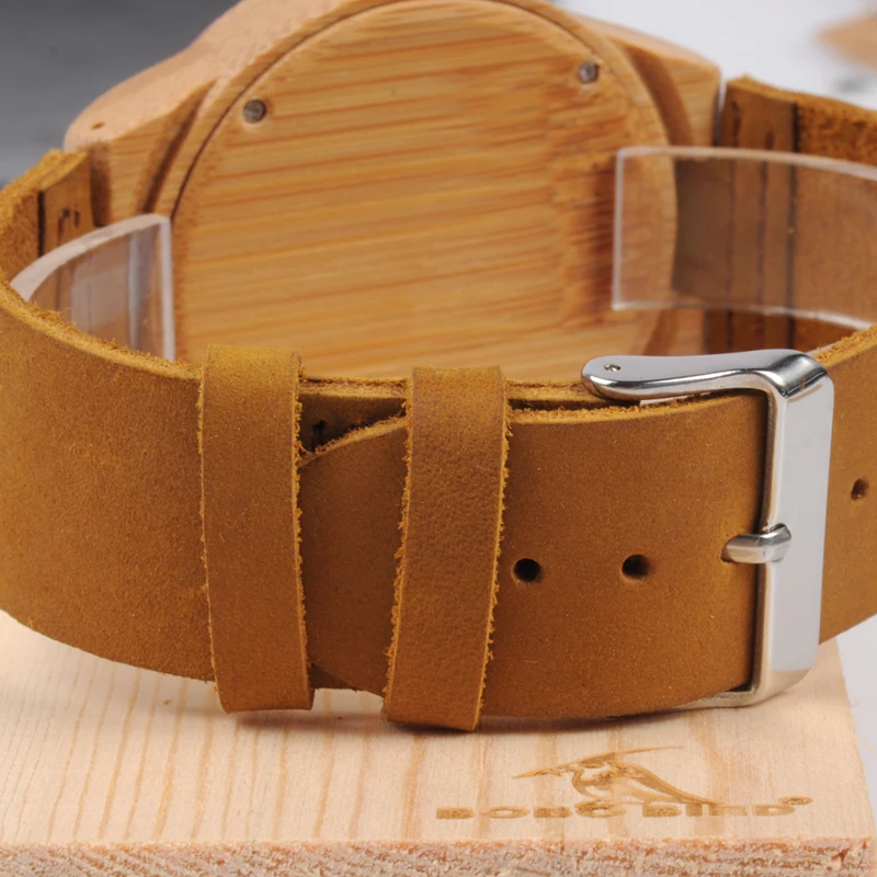 Мужские часы BOBO BIRD зеленые деревянные кварцевые ручной работы с кожаным ремешком