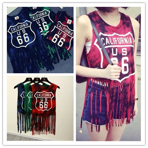 2015 summer women fashion street loose long t-shirts and the wind Harajuku tie dye letter stamp fringed vest sleeveless |