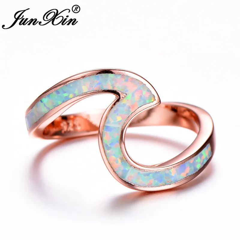 Rose Gold White Opal JUNXIN Женский Мужской волна кольца для мужчин и женщин 925 серебряный черный однотонный цвет розовое золото Синий Розовый Фиолетовый Белый огненный опал кольцо свадебный подарок - Цвет основного камня: Rose Gold White Opal