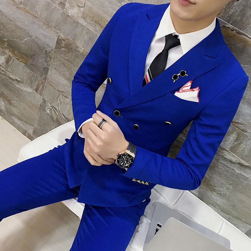 Черный, серый, оранжевый, красный, королевский синий, желтый мужской костюм, двубортный, приталенный, мужские свадебные костюмы, 3 предмета, для мужчин, для свадьбы, Q529