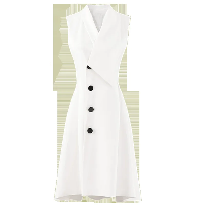 

New 2019 Summer Women Elegant Sleeveless Notched Collar White Long Dress Ladies Korean Style High Waist Party Dress Vestidos