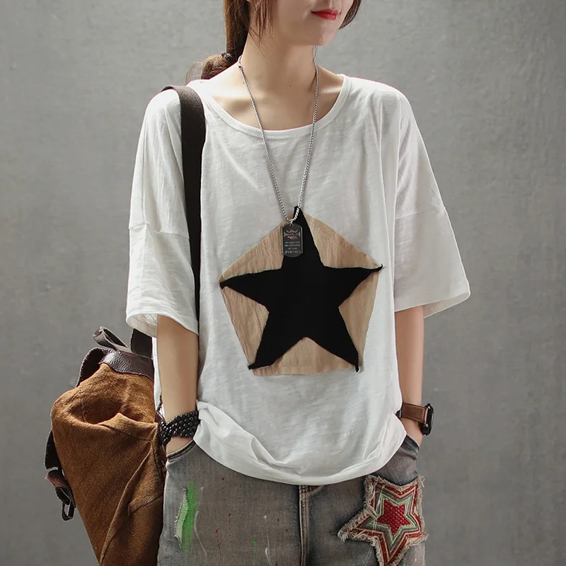 Большие размеры Женская свободная футболка звезда белый черный серый мода