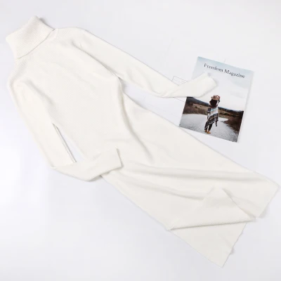 Quality Long Dresses For Women Autumn Winter Spring High Collar long-sleeved Vestidos Fashion Slit Dress Office Lady D206 - Цвет: D00206 white