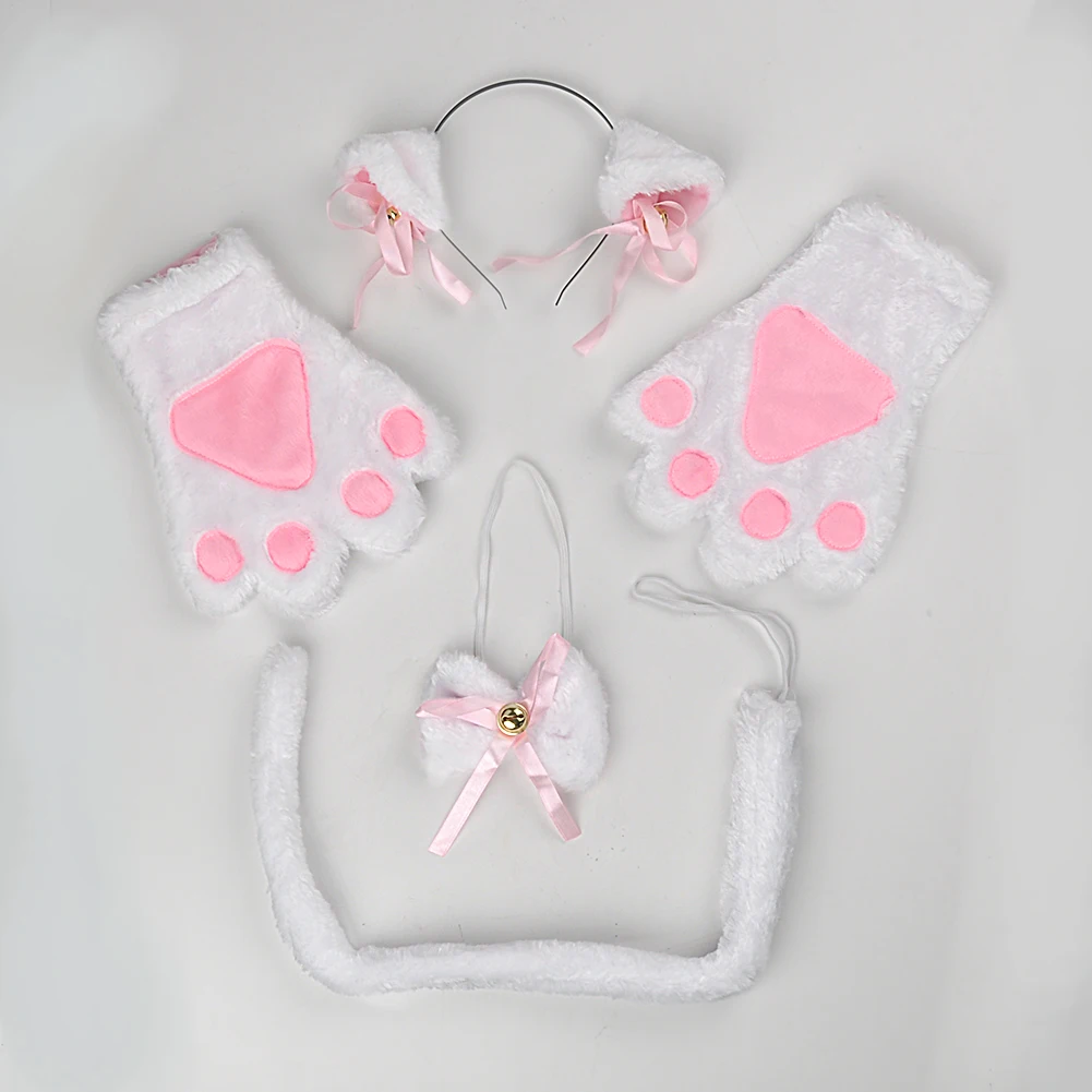Kawaii милый котенок кошачьи уши Neko перчатки горничной лапы уши хвост галстук вечерние плюшевые лапы коготь аниме Cos кошки перчатки с ушками набор#1106