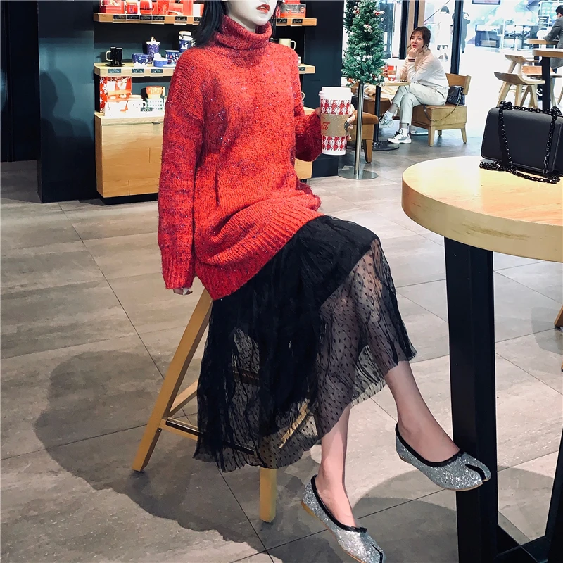 Sweater autumn and winter women's new fashion wild red turtleneck sweater female loose hood long tops | Женская одежда