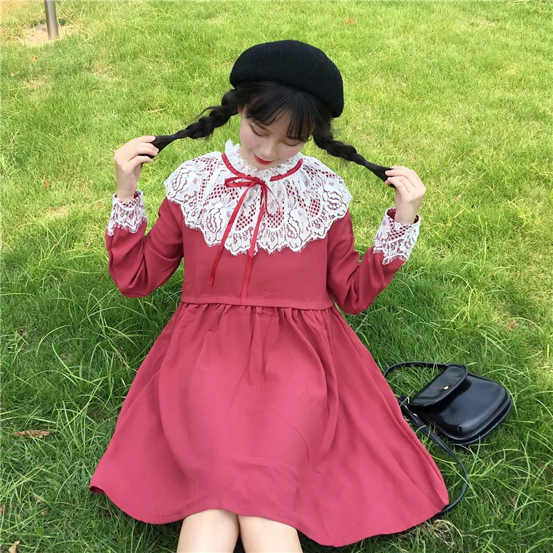 Женские платья в винтажном стиле Kawaii Ulzzang кружевное платье с вышивкой Женская