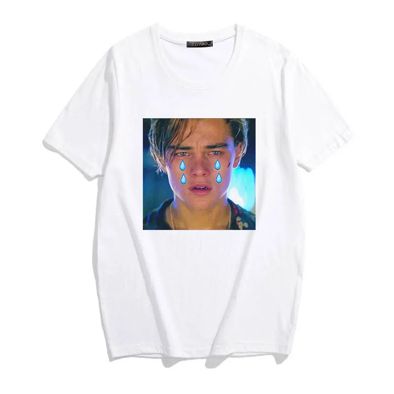 Горячая Tumblr Ulzzang Летняя женская футболка Leonardo di caprio Leo Titanik плачущая harajuku Повседневная однотонная Белая Женская топы размера плюс
