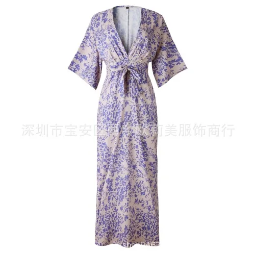 Платье-макси с принтом коротким рукавом и V-образным вырезом | Женская одежда