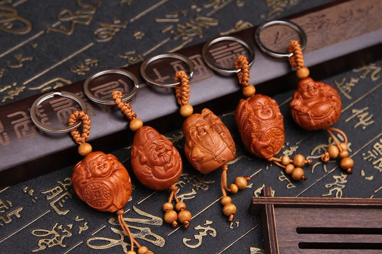 Винтаж натуральные персиковые дерево Улыбающийся Будда Подвески Брелок для Для