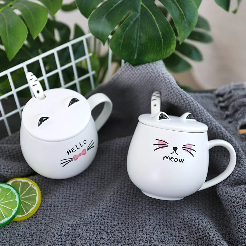 Керамическая кофейная кружка с рисунком кота крышкой и ложкой фарфоровая чашка