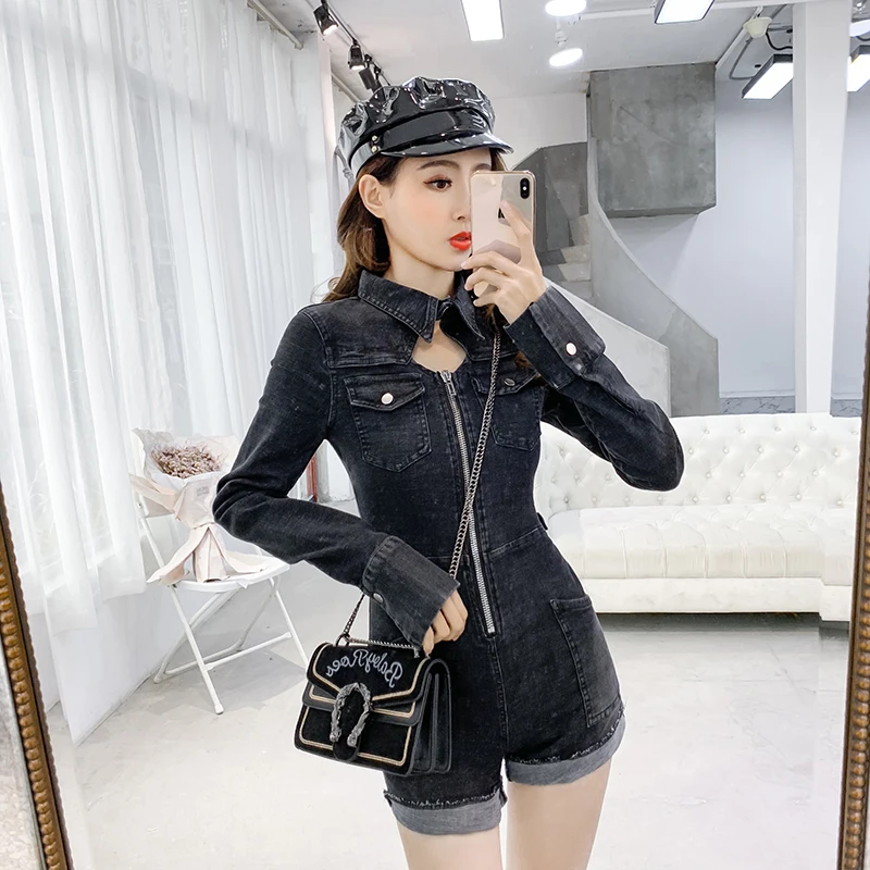 Новый летний сексуальный облегающий короткий джинсовый комбинезон женский