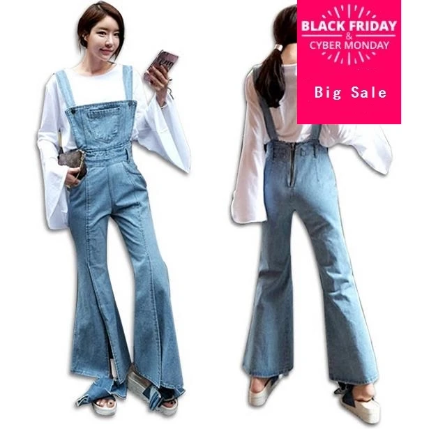 Женский джинсовый комбинезон с разрезами расклешенным низом 2019|denim jumpsuit|fashion