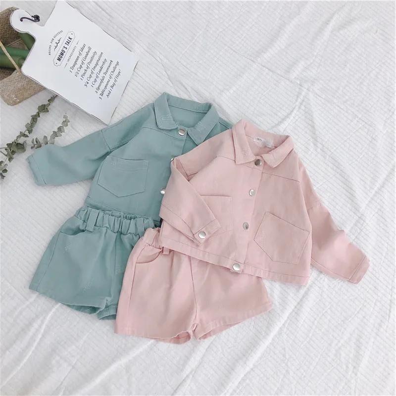 Girls Clothing Sets Denim Jacket + Shorts Suit for Baby Girl Clothes Kids Casual Loose Ripped Brazer 1-5 Year | Детская одежда и