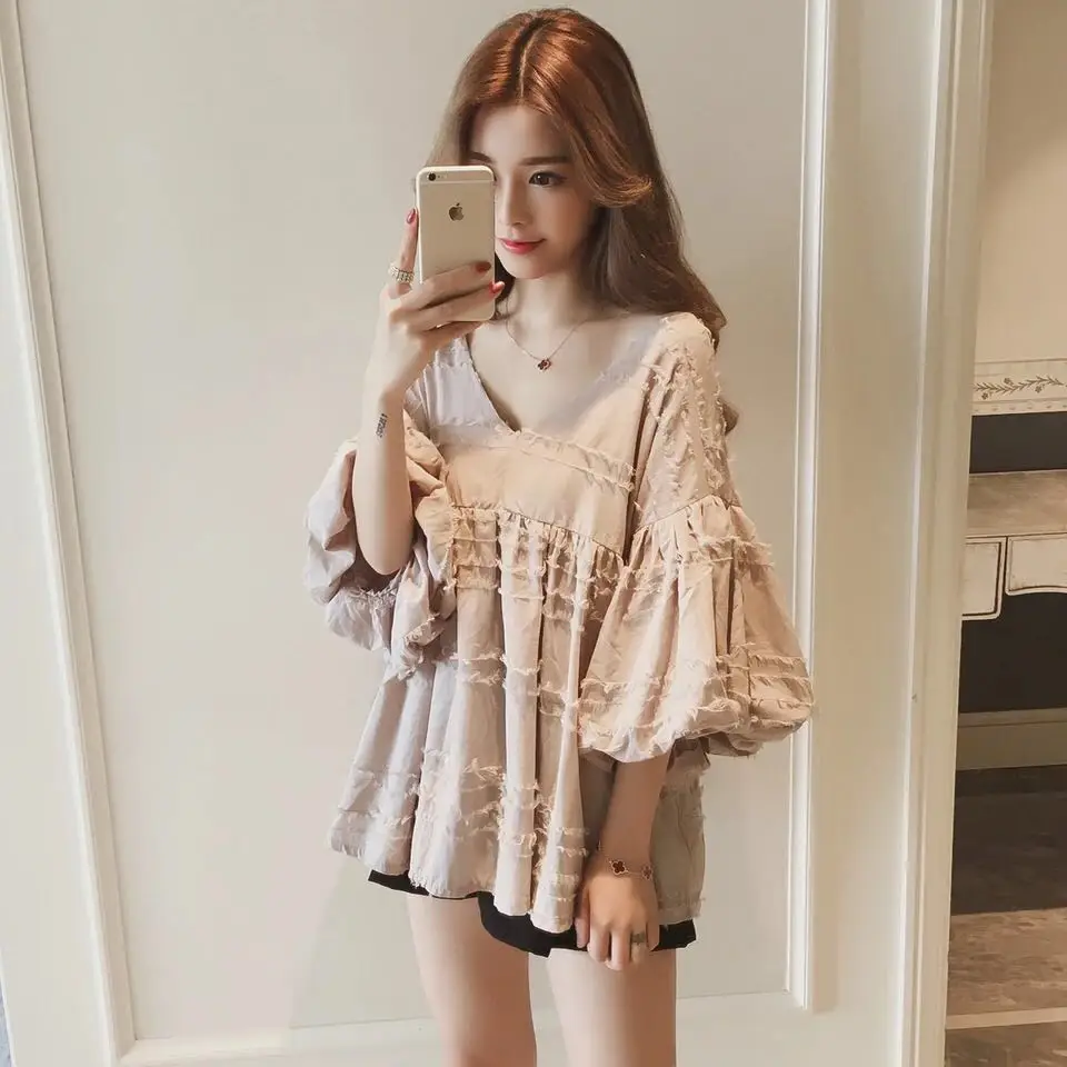 Новинки для женщин летние Повседневное шифон блузки Sexy V шеи Фонари рукавами