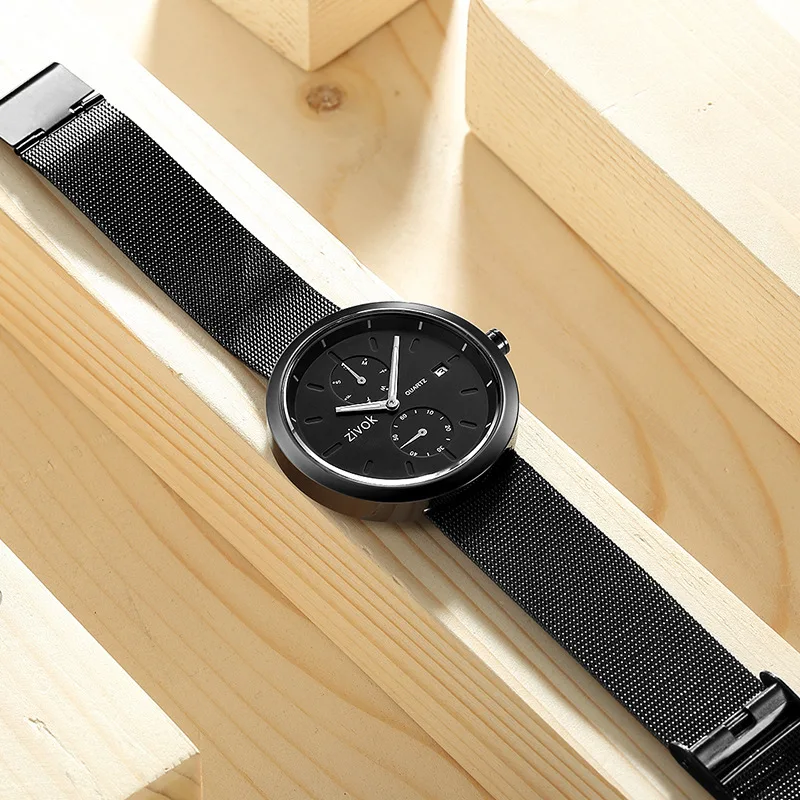 2019 New Sunday Calendar Steel Mesh Watch with Quartz Men's Fashion Casual Plastic Glass Round PU 8030G |