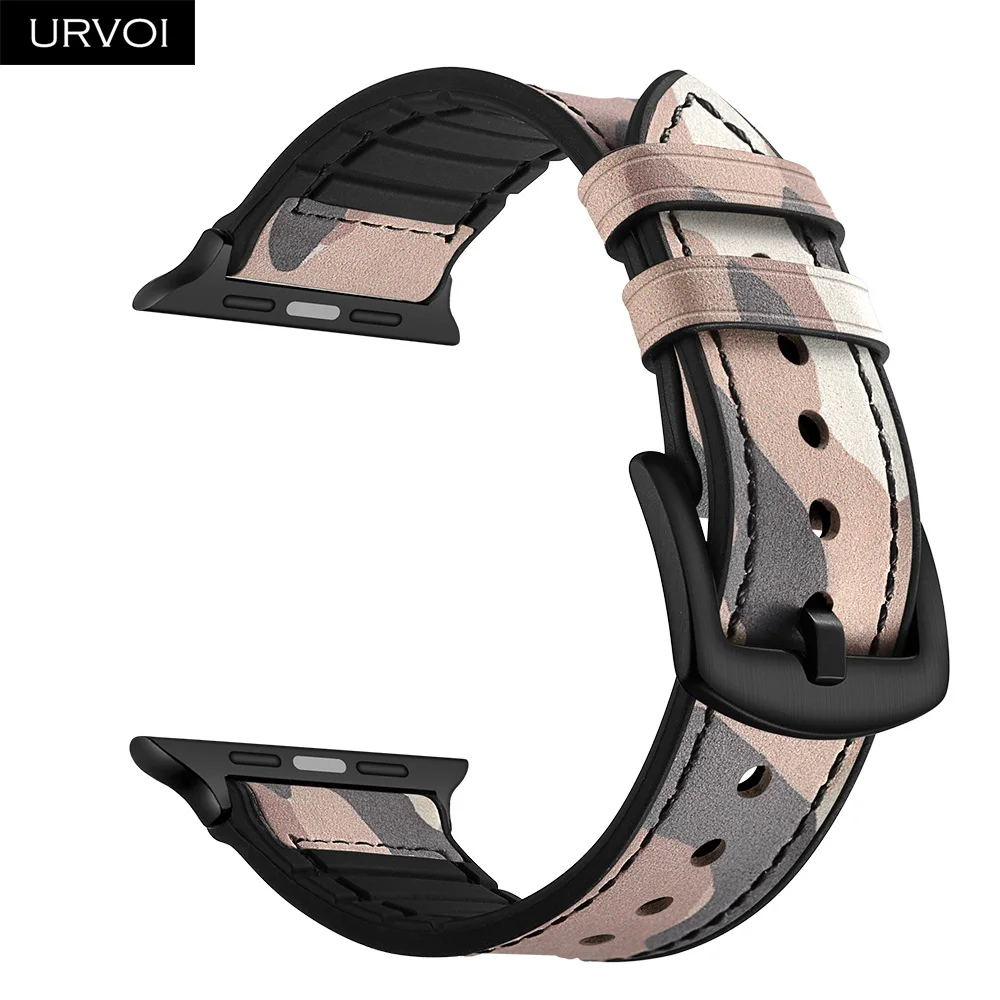 URVOI ремешок для apple watch серии 4, версия 1, 2, 3, ремешок кожаный ремешок Силиконовая задняя крышка для наручных часов iwatch, пояс из дышащего материала 38/40 42/44 мм, черные, с ремешками на пряжках