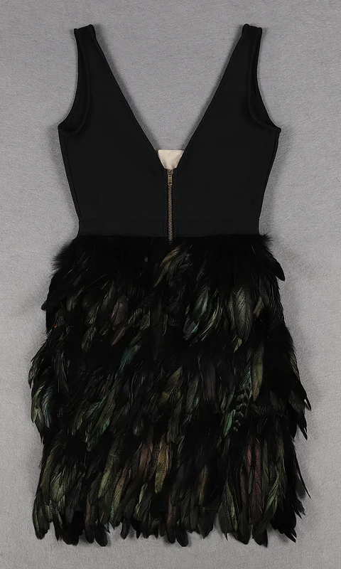 Черное уникальное Бандажное платье модное перо Bodycon Вечерние платья О колене