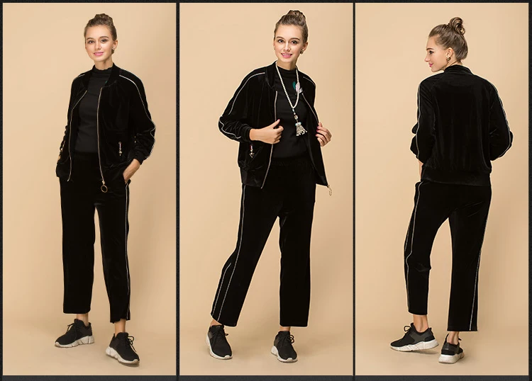 L~ 3XL 4XL роскошный зимний женский бархатный брючный костюм куртка на молнии с длинным рукавом модный велюровый брючный костюм для дам AOFULI B6399