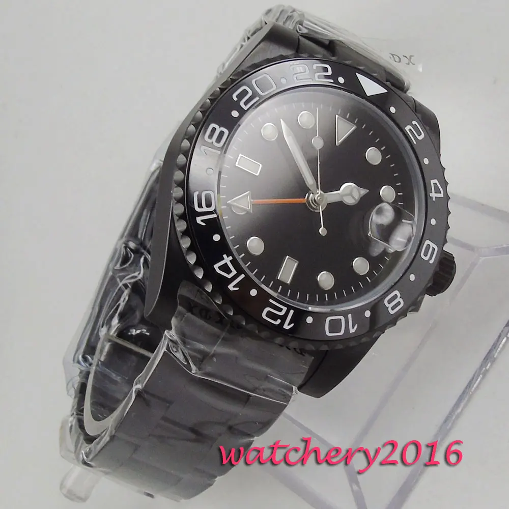 40 мм черный стерильный циферблат сапфировое стекло GMT керамический ободок