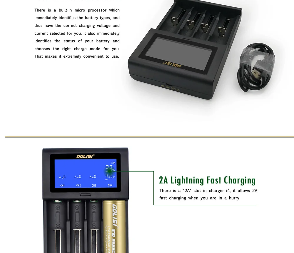 Оригинальное интеллектуальное зарядное устройство GOLISI i4 с ЖК-экраном и usb зарядкой, Интеллектуальное Быстрое зарядное устройство 2A 18650 26650 20700